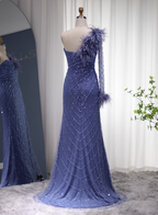 Elegant Mermaid Blue One-Shoulder Feather Beaded Tulle Long Prom Dress Evening Dress