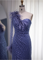 Elegant Mermaid Blue One-Shoulder Feather Beaded Tulle Long Prom Dress Evening Dress