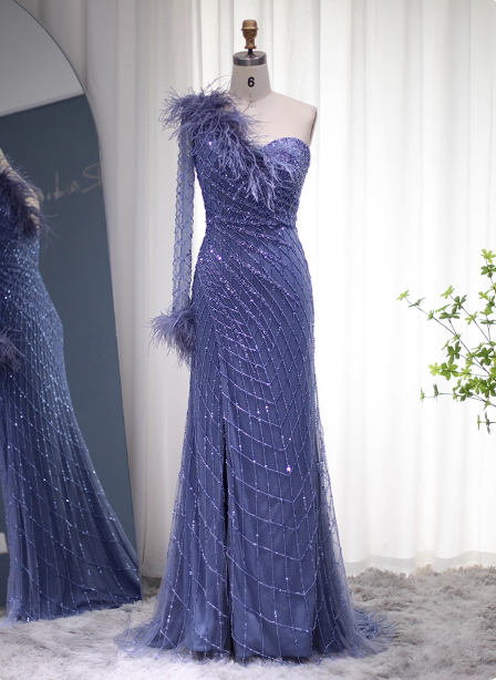 Elegant Mermaid Blue One-Shoulder Feather Beaded Tulle Long Prom Dress Evening Dress