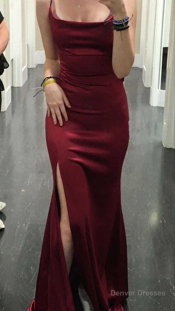 Elegant Mermaid Burgundy Slit Satin Long Prom Dress Main image