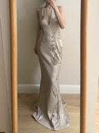 Elegant Mermaid Halter Neck Deep V-Neck Sequined Long Prom Dress Evening Dress