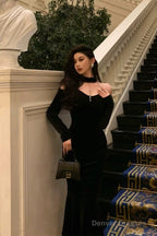 Elegant Mermaid High Neckline Black Velvet Prom Dresses Birthday Outfits Evening Gown