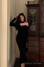 Elegant Mermaid High Neckline Black Velvet Prom Dresses Birthday Outfits Evening Gown