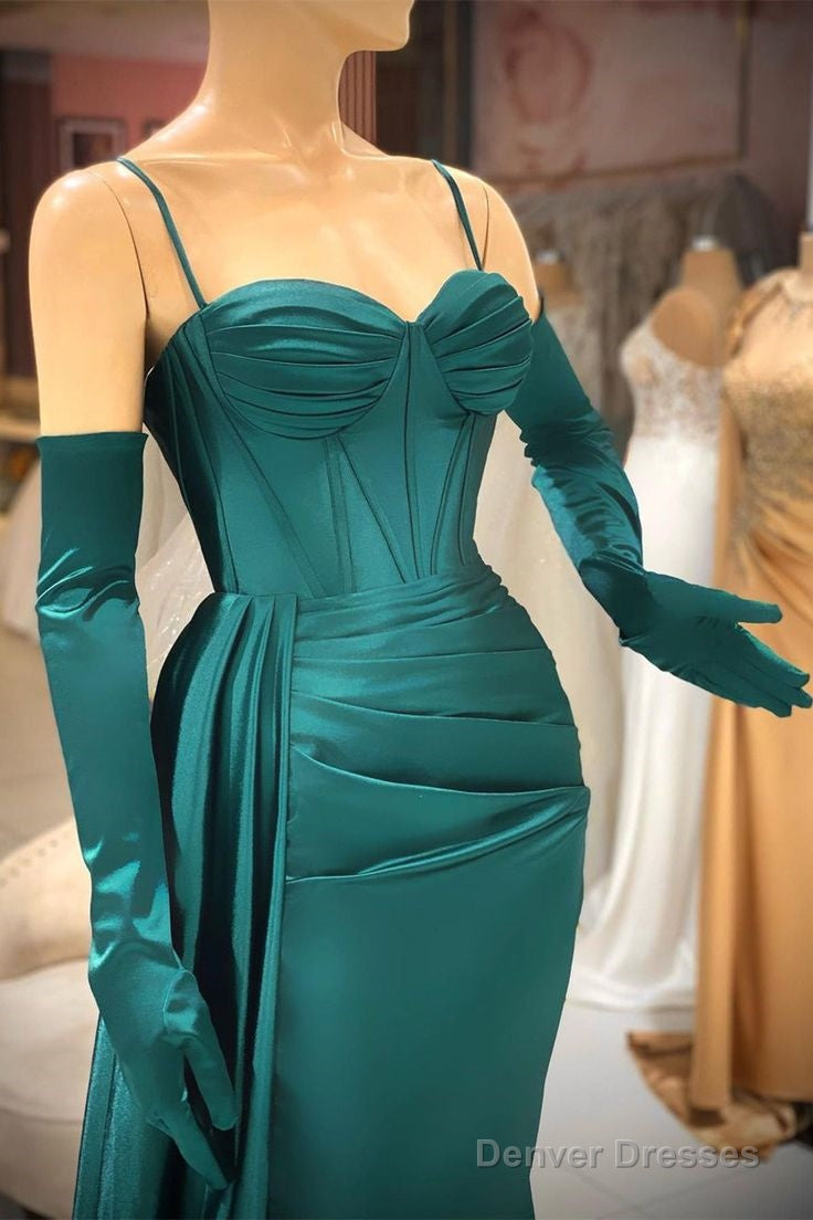Elegant Mermaid Long Dark Green Spaghetti Straps Prom Dress With Ruffles Secondary image