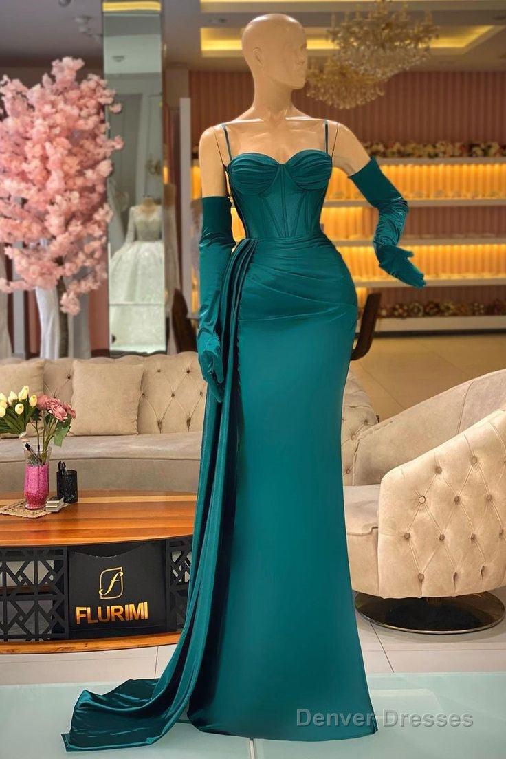 Elegant Mermaid Long Dark Green Spaghetti Straps Prom Dress With Ruffles Main image