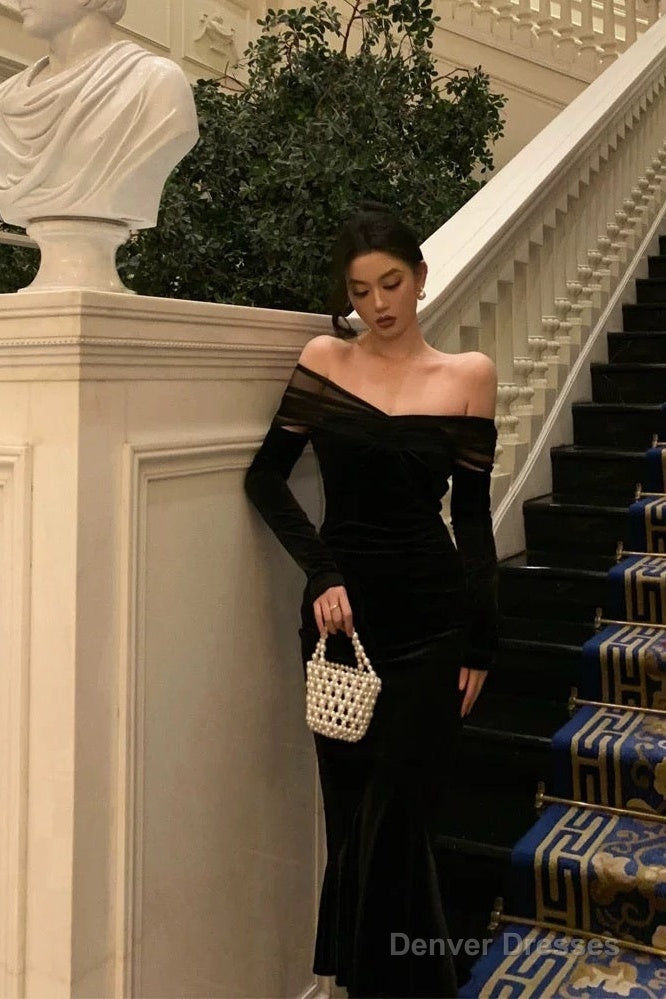 Elegant Mermaid Off The Shoulder Long Sleeves Black Prom Dresses Birthday Outfits Evening Gown