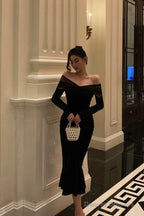 Elegant Mermaid Off The Shoulder Long Sleeves Black Prom Dresses Birthday Outfits Evening Gown
