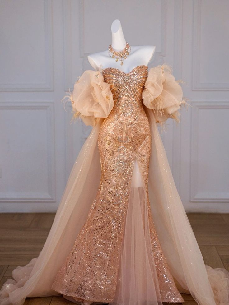 Elegant Mermaid Off The Shoulder Sequin Gold Evening Dress Long Slit Prom Dress Main image