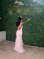 Elegant Mermaid Pink Lace Prom Dress Formal Evening Dress