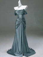Elegant Pleated Satin Formal Mermaid Evening Dress,Fahsion Graudation Prom Dress With Off-The-Shoulder