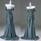 Elegant Pleated Satin Formal Mermaid Evening Dress,Fahsion Graudation Prom Dress With Off-The-Shoulder