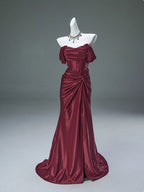 Elegant Pleated Satin Formal Mermaid Evening Dress,Fahsion Graudation Prom Dress With Off-The-Shoulder