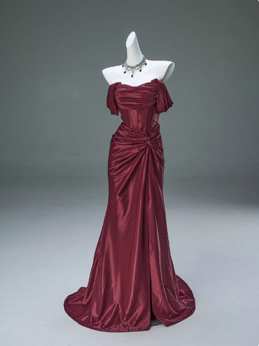 Elegant Pleated Satin Formal Mermaid Evening Dress,Fahsion Graudation Prom Dress With Off-The-Shoulder