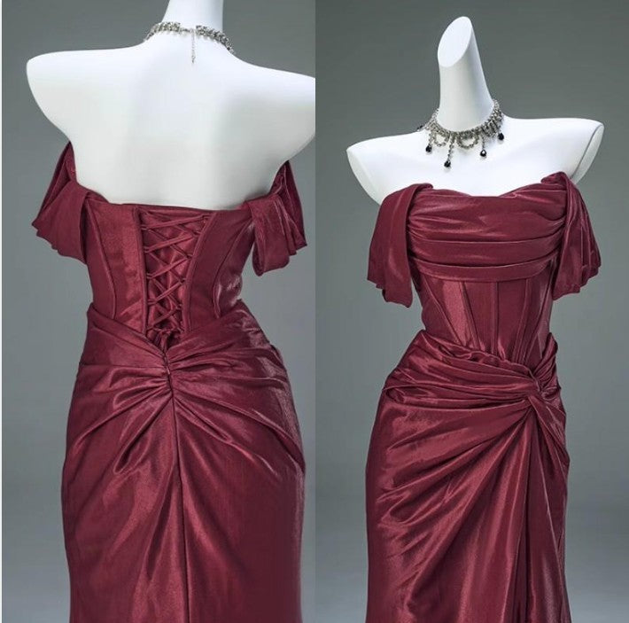 Elegant Pleated Satin Formal Mermaid Evening Dress,Fahsion Graudation Prom Dress With Off-The-Shoulder