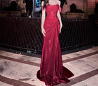 Elegant Pleated Satin Formal Mermaid Evening Dress,Fahsion Graudation Prom Dress With Off-The-Shoulder