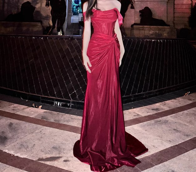 Elegant Pleated Satin Formal Mermaid Evening Dress,Fahsion Graudation Prom Dress With Off-The-Shoulder