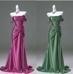 Elegant Pleated Satin Formal Mermaid Evening Dress,Fahsion Graudation Prom Dress With Off-The-Shoulder