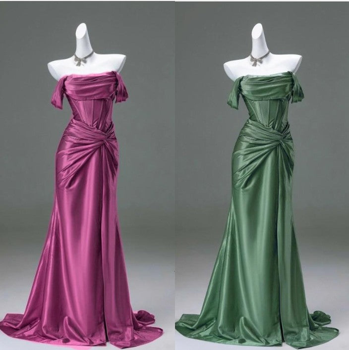 Elegant Pleated Satin Formal Mermaid Evening Dress,Fahsion Graudation Prom Dress With Off-The-Shoulder