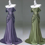 Elegant Pleated Satin Formal Mermaid Evening Dress,Fahsion Graudation Prom Dress With Off-The-Shoulder