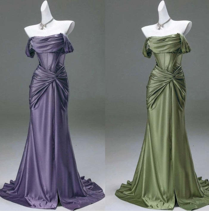 Elegant Pleated Satin Formal Mermaid Evening Dress,Fahsion Graudation Prom Dress With Off-The-Shoulder
