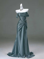 Elegant Pleated Satin Formal Mermaid Evening Dress,Fahsion Graudation Prom Dress With Off-The-Shoulder
