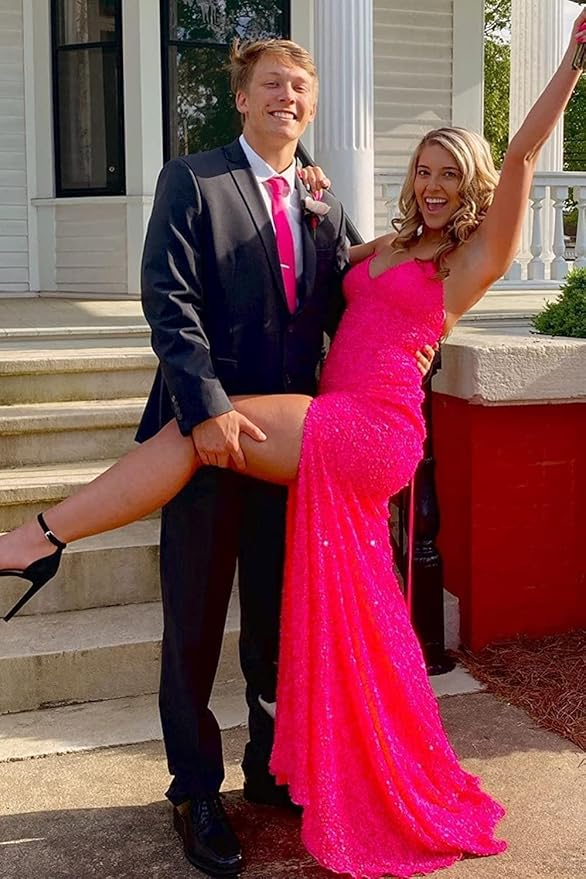 Elegant Mermaid Sequin Pink Long Prom Dress Formal Dress