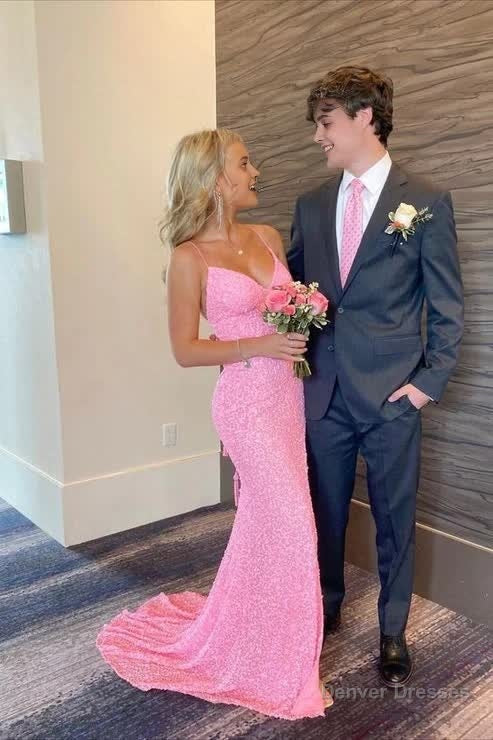 Elegant Mermaid Sequin Pink Long Prom Dresses Formal Dress Main image