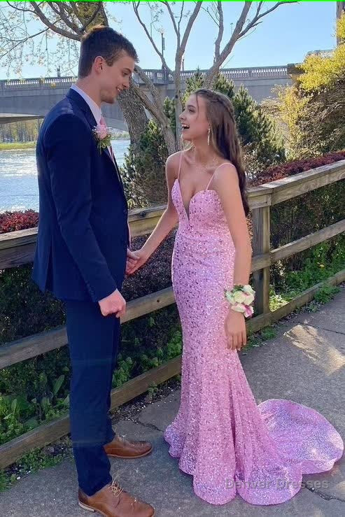 Elegant Mermaid Sequin Pink Long Prom Dresses Formal Dress Main image