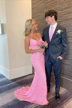 Elegant Mermaid Sequin Pink Long Prom Dress Formal Dress