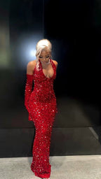 Elegant Mermaid Sequin Red Floor Length Black Girl Prom Dress