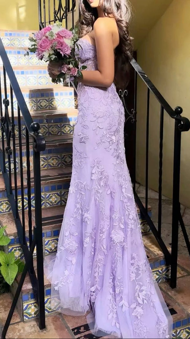 Elegant Mermaid Sleeveless Lace Lilac Evening Prom Dress Long Prom Dress