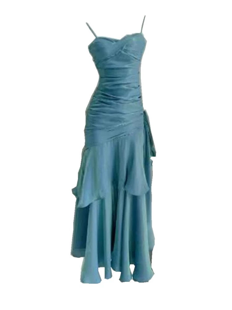 Elegant Mermaid Spaghetti Straps Blue Satin Long Prom Dress Party Dress 21St Birthday Outfits Graduation Dress