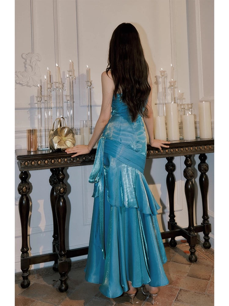 Elegant Mermaid Spaghetti Straps Blue Satin Long Prom Dress Party Dress 21St Birthday Outfits Graduation Dress