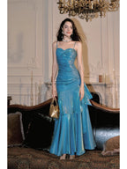 Elegant Mermaid Spaghetti Straps Blue Satin Long Prom Dress Party Dress 21St Birthday Outfits Graduation Dress