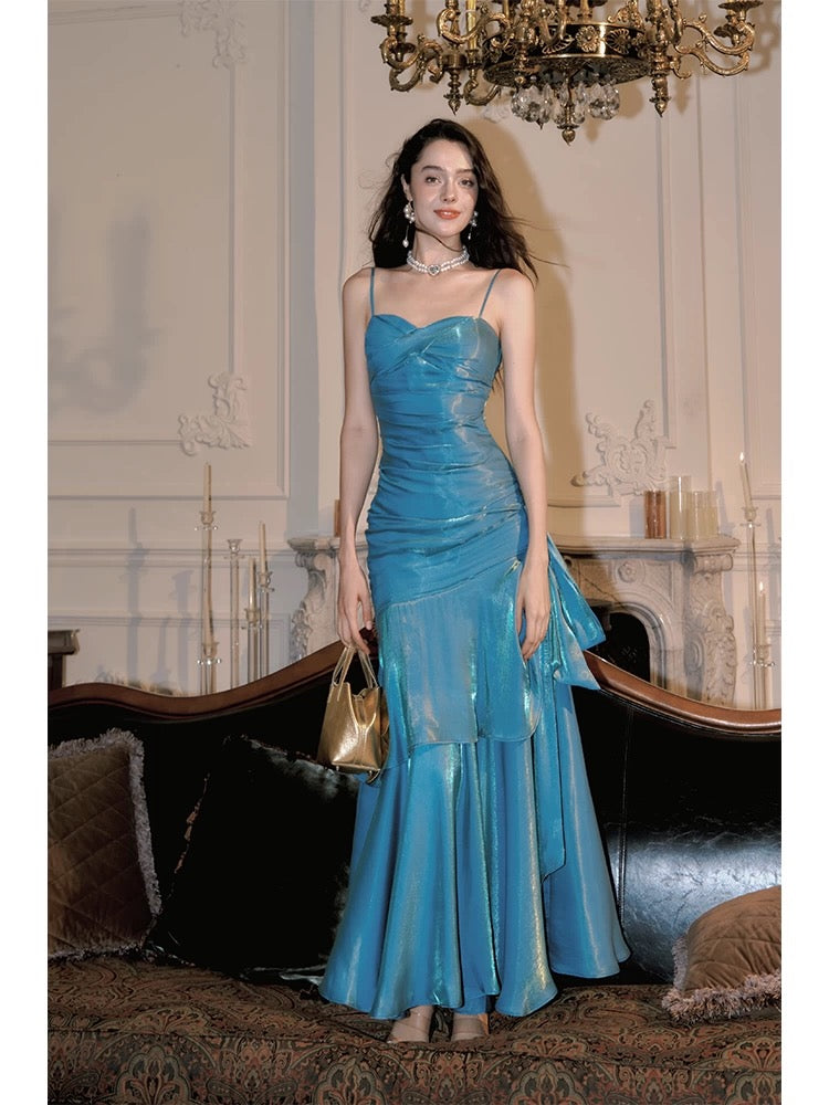 Elegant Mermaid Spaghetti Straps Blue Satin Long Prom Dress Party Dress 21St Birthday Outfits Graduation Dress