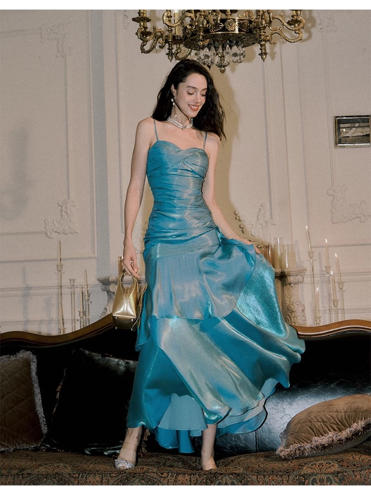 Elegant Mermaid Spaghetti Straps Blue Satin Long Prom Dress Party Dress 21St Birthday Outfits Graduation Dress