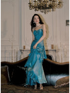 Elegant Mermaid Spaghetti Straps Blue Satin Long Prom Dress Party Dress 21St Birthday Outfits Graduation Dress