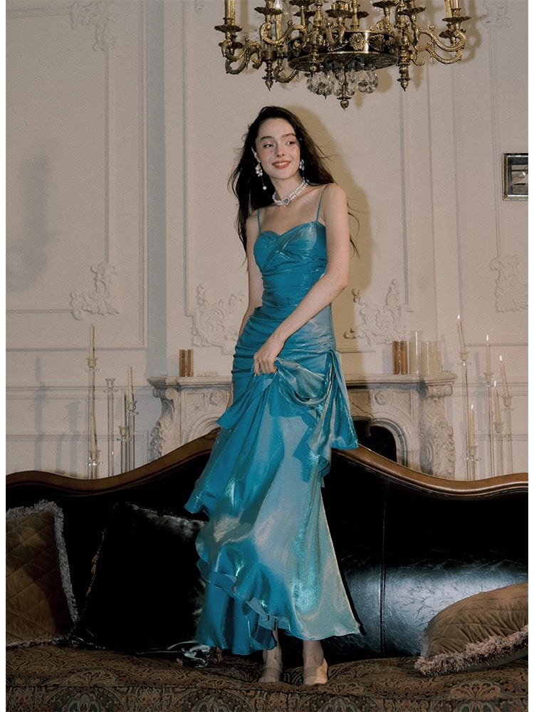 Elegant Mermaid Spaghetti Straps Blue Satin Long Prom Dress Party Dress 21St Birthday Outfits Graduation Dress