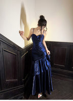 Elegant Mermaid Spaghetti Straps Blue Satin Long Prom Dress Party Dress 21St Birthday Outfits Graduation Dress