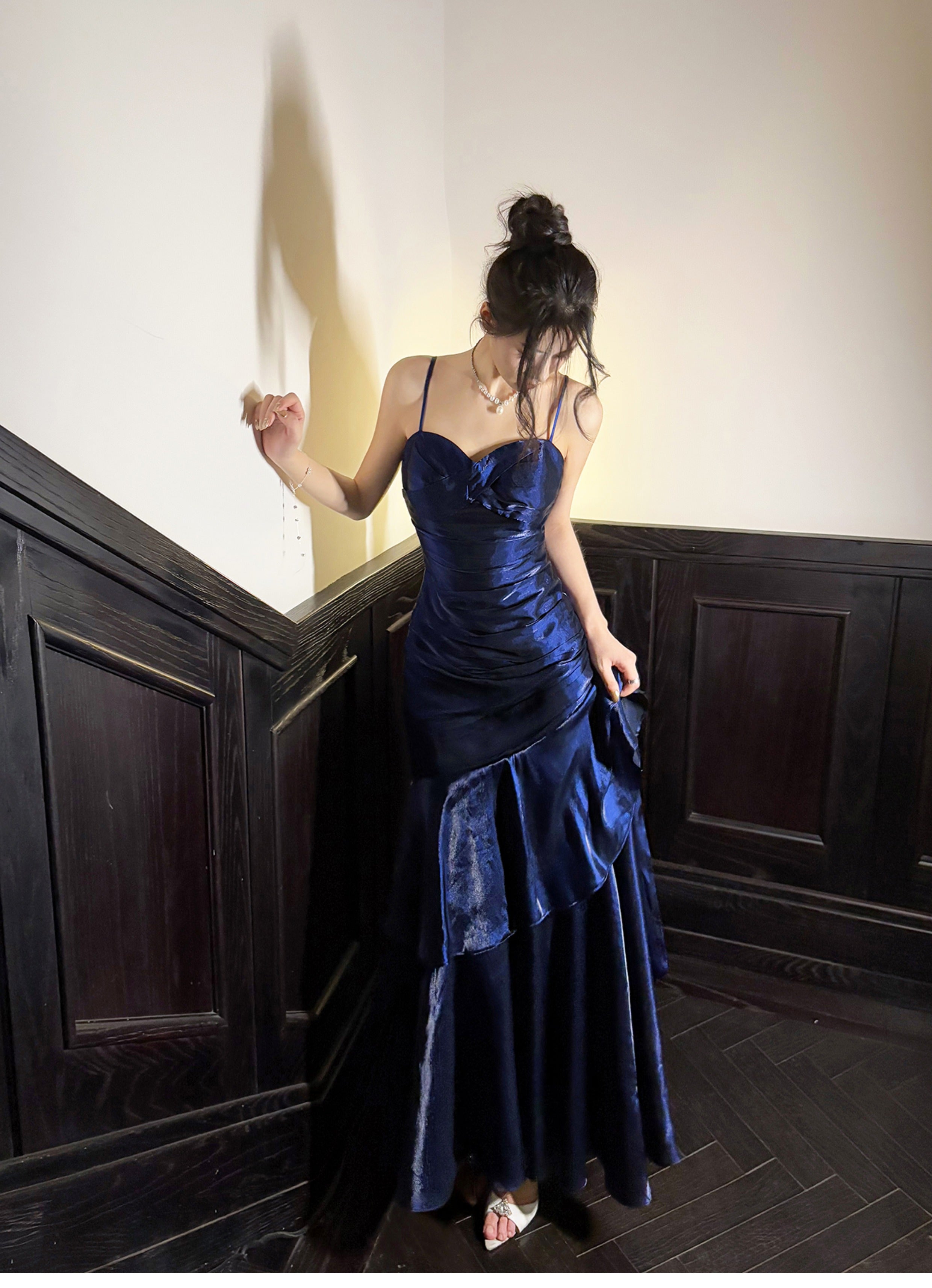 Elegant Mermaid Spaghetti Straps Blue Satin Long Prom Dress Party Dress 21St Birthday Outfits Graduation Dress