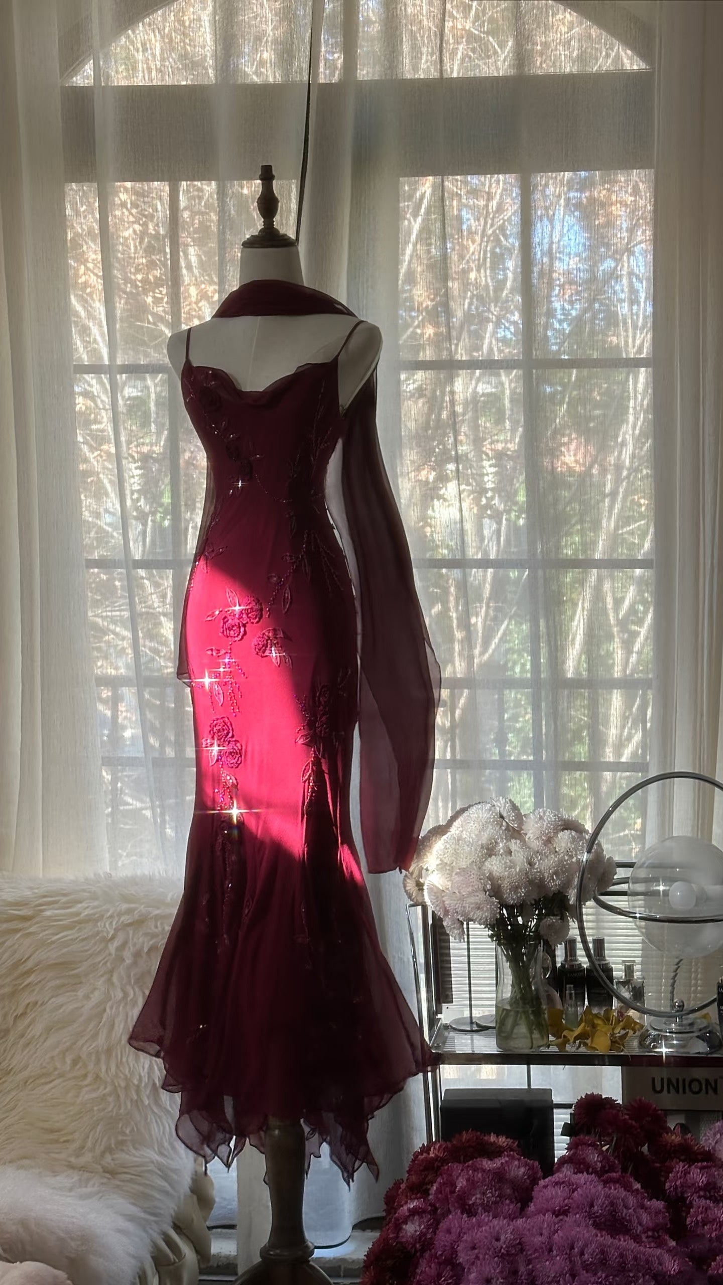 Elegant Mermaid Spaghetti Straps Burgundy Chiffon Prom Dress Inspiration Trending Evening Gowns Formal Party Prom Dress