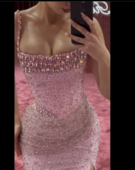 Elegant Mermaid Spaghetti Straps Pink Beads Sequin Slit Long Prom Dress Formal Dress