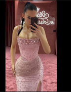 Elegant Mermaid Spaghetti Straps Pink Beads Sequin Slit Long Prom Dress Formal Dress