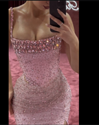 Elegant Mermaid Spaghetti Straps Pink Beads Sequin Slit Long Prom Dress Formal Dress