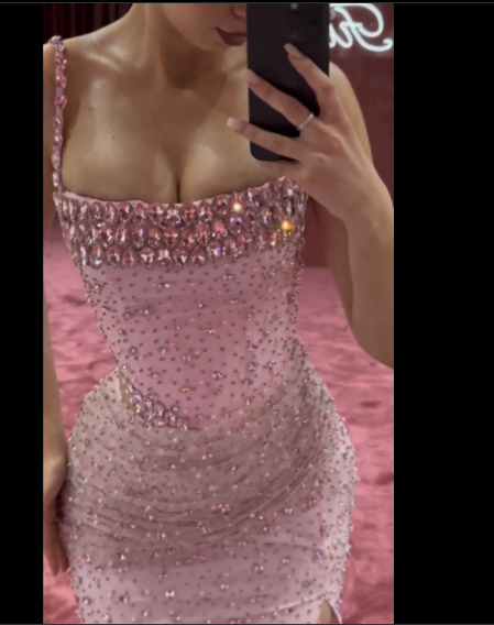 Elegant Mermaid Spaghetti Straps Pink Beads Sequin Slit Long Prom Dress Formal Dress