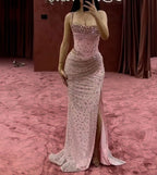 Elegant Mermaid Spaghetti Straps Pink Beads Sequin Slit Long Prom Dress Formal Dress
