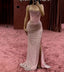 Elegant Mermaid Spaghetti Straps Pink Beads Sequin Slit Long Prom Dress Formal Dress