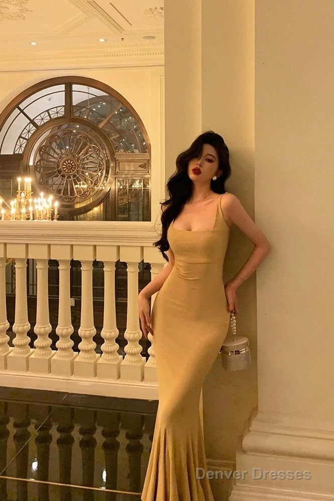 Elegant Mermaid Spaghetti Straps Yellow Long Prom Dresses Birthday Outfits Evening Gown