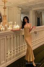 Elegant Mermaid Spaghetti Straps Yellow Long Prom Dresses Birthday Outfits Evening Gown