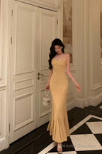 Elegant Mermaid Spaghetti Straps Yellow Long Prom Dresses Birthday Outfits Evening Gown